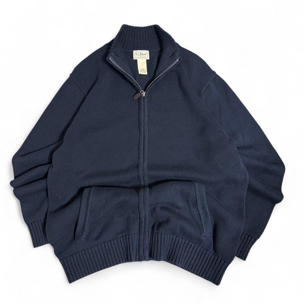 LL Bean Preppy Mock Neck Full Zip Sweater Cotton Navy Blue Long Sleeve Mens Sz M